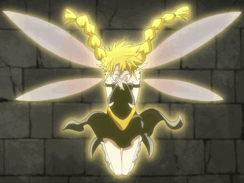 a fairy with yellow hair and white wings is kneeling down