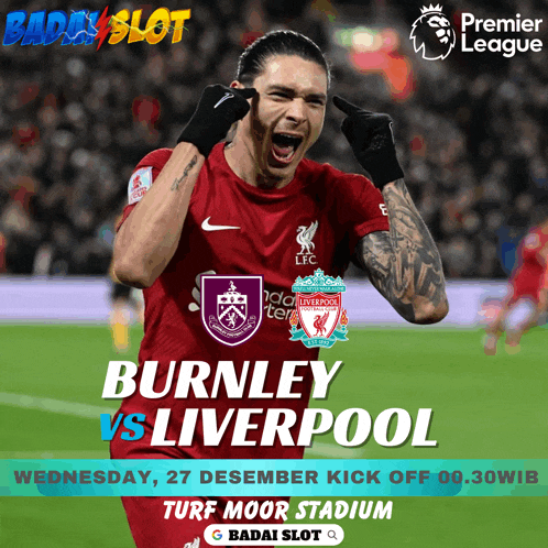 a poster for burnley vs liverpool shows a soccer player on the field