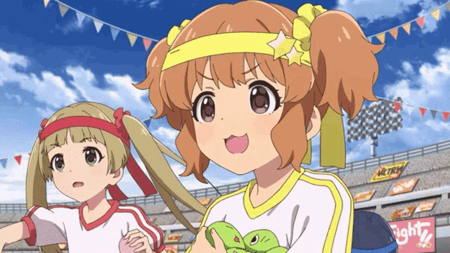 two anime girls are standing in front of a sign that says fight on it