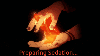 a pixel art of a person holding a fire with the words preparing sedation