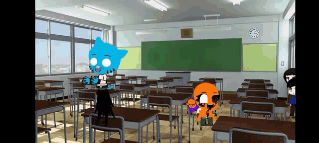 gumball from the amazing world of gumball is standing in a classroom with other characters .