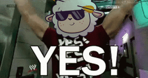 a cartoon of a sheep wearing sunglasses and a red shirt that says yes