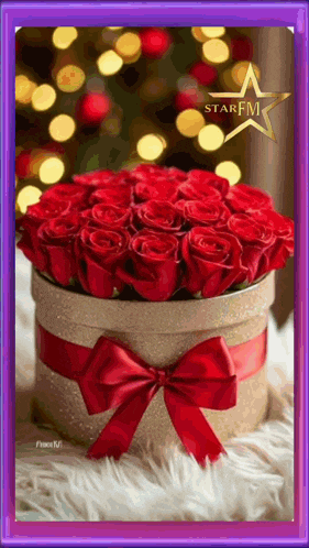 a box of red roses with a red ribbon and a star fm logo
