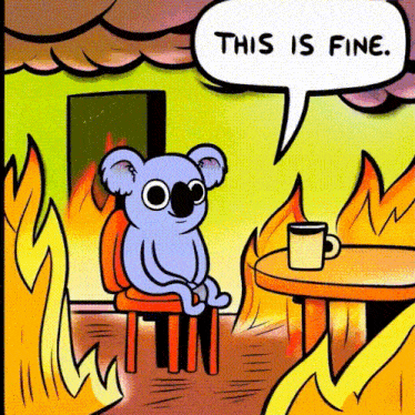 a cartoon of a koala sitting in a chair with a speech bubble that says " this is fine "