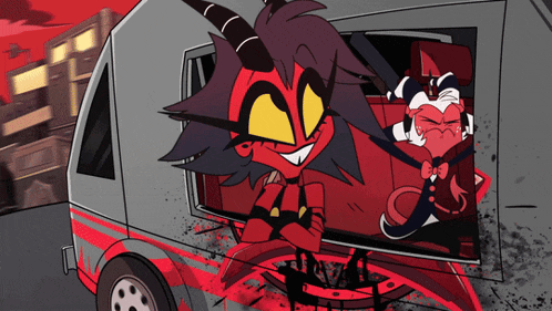 a cartoon drawing of two demons sitting in a car
