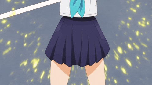 a girl in a blue skirt is holding a white pole