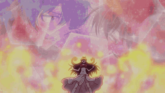 a couple of anime characters are standing next to each other and one of them has a crown on her head