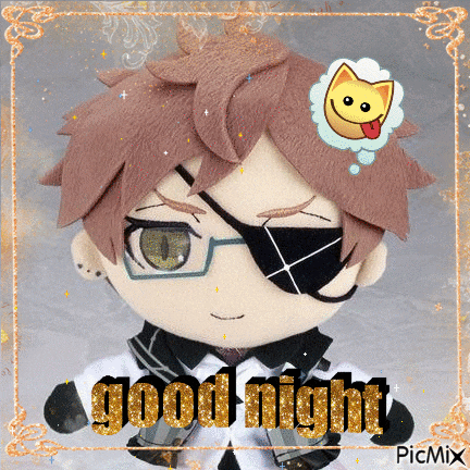 a picture of a stuffed animal with glasses and an eye patch that says good night