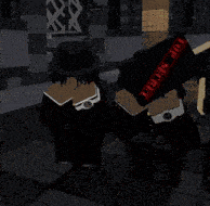 two roblox characters are standing next to each other holding guns and a top secret sign