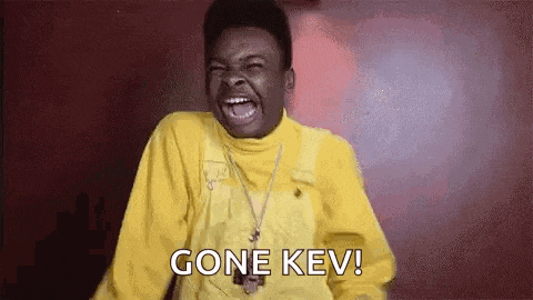 a man in a yellow shirt is laughing and saying `` gone kev '' .