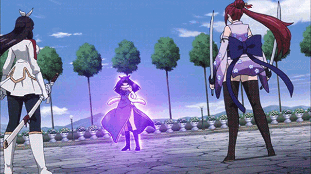 a group of female anime characters are standing in a park with trees in the background