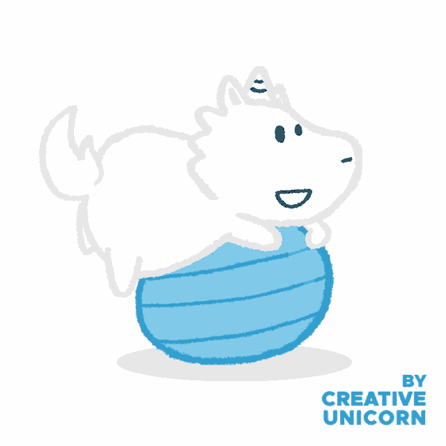 a cartoon of a dog on a blue exercise ball with the words by creative unicorn below it