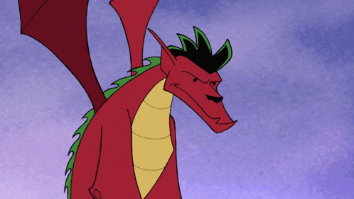 a cartoon of a red dragon with a green tail and wings