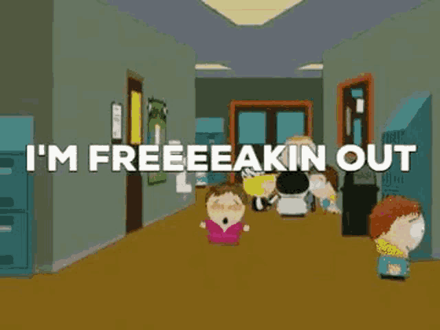 a group of people are standing in a hallway with the words `` i 'm freeeeakin out '' .