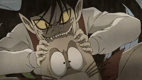 a cartoon drawing of a monster holding a cat 's mouth with sharp teeth .