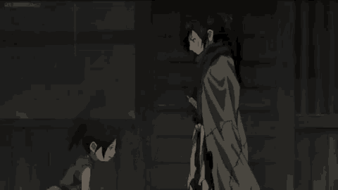 a man and a girl are standing next to each other in a dark room in a samurai anime .