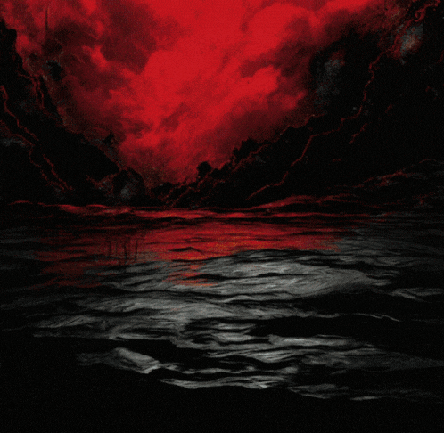 a painting of flames and lightning with a red background