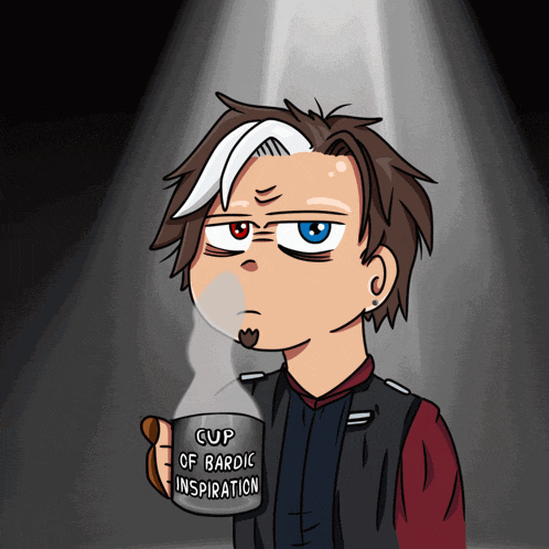 a cartoon character holding a cup of bardic inspiration