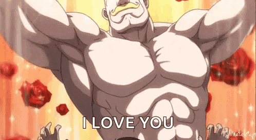 a muscular man with a mustache is standing in front of a bunch of roses and says `` i love you '' .