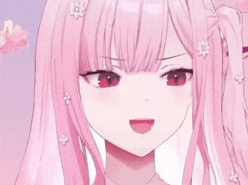 a close up of a anime girl with pink hair and red eyes .