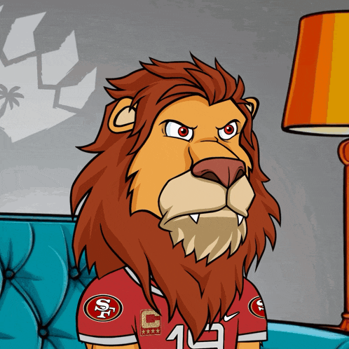 a cartoon of a lion wearing a san francisco 49ers shirt