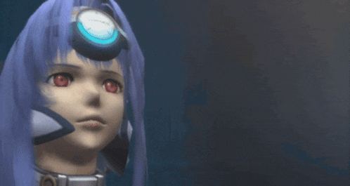 a close up of a video game character with her eyes closed and a watch on her head