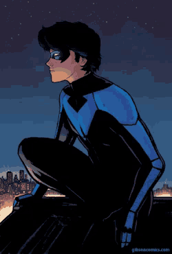 a drawing of a man in a blue and black superhero costume with the website gibsoncomics.com below him