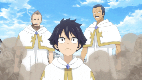 a group of anime characters standing next to each other with one wearing a white robe