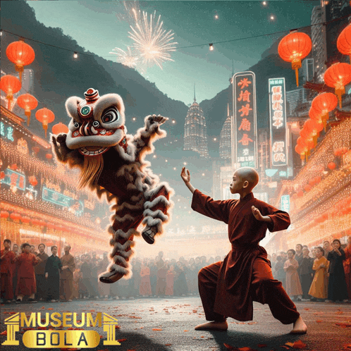 a poster for museum bola shows a lion and two monks