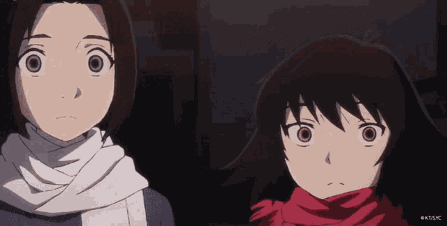 two anime characters are standing next to each other and one has a scarf on her neck