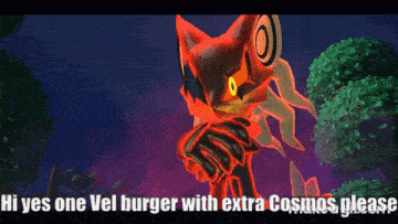 a picture of a cartoon character with the words hi yes one vel burger with extra cosmos please