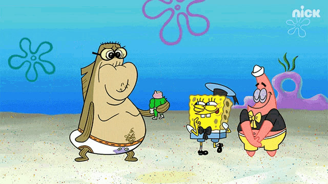 a cartoon of spongebob and patrick standing next to each other with a nick logo in the background