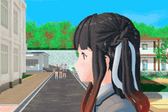 a computer generated image of a girl with pigtails standing in front of a building