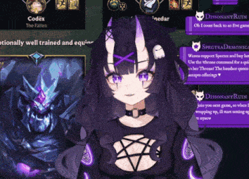 a screenshot of a video game with a girl with horns and purple eyes