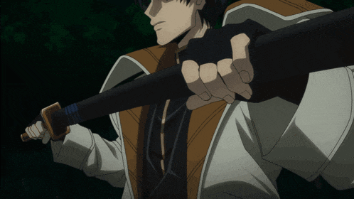 a man in a white jacket is holding a large black sword