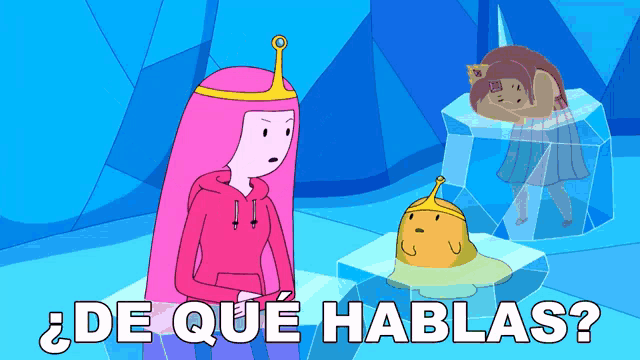 a cartoon of princess bubblegum and a cat with the words " de que hablas " on the bottom