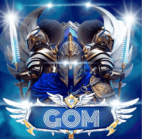 a picture of a knight with the word gom in the middle