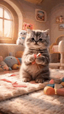 a kitten is playing with a toy on the floor in a room