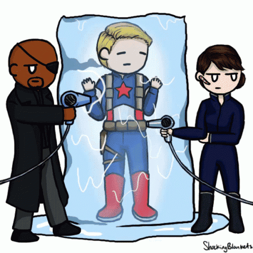 a cartoon of captain america being frozen in a block of ice