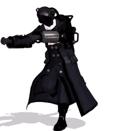 a 3d model of a person wearing a black coat and a purple helmet .