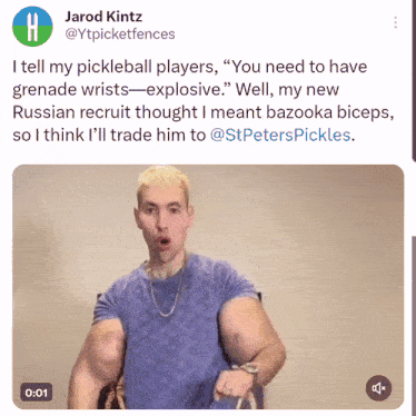 a screenshot of a tweet by jarod kintz shows a man with huge muscles
