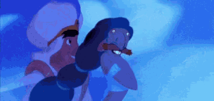 a cartoon of a man and a woman standing next to each other in a blue room .
