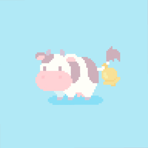 a pixel art drawing of a cow with a white tail on a blue background