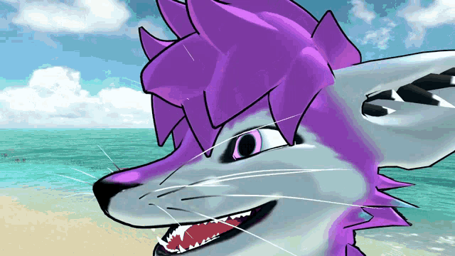 a cartoon drawing of a wolf with purple hair standing on a beach