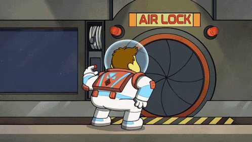 a cartoon character is standing in front of a sign that says air lock