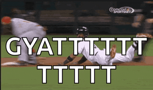 a baseball player is sliding into a base and says gyattttttttttttttt