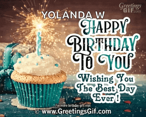 a cupcake with a lit candle and the words " yolanda w happy birthday to you "