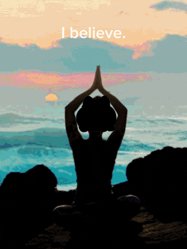 a silhouette of a person meditating in front of the ocean with the words " believe " on the bottom
