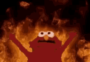 elmo from sesame street is on fire with his arms outstretched in a cartoon .
