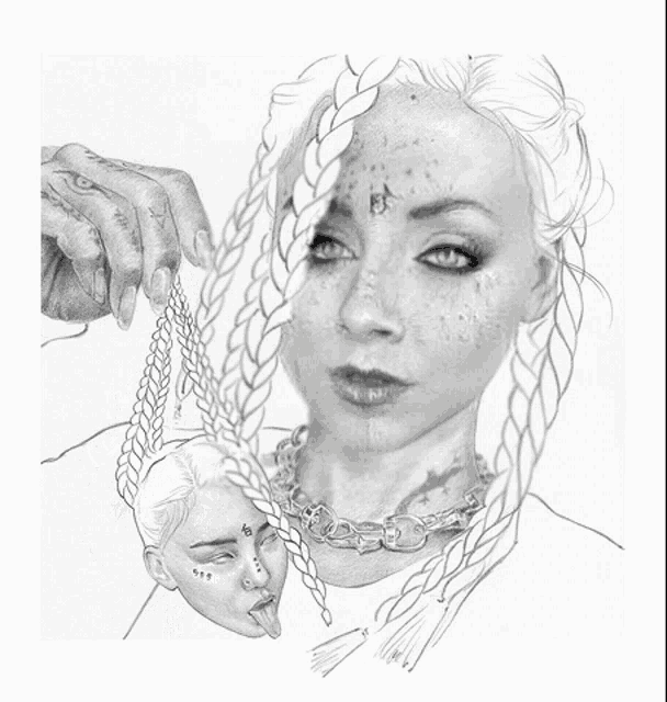 a black and white drawing of a girl with braids